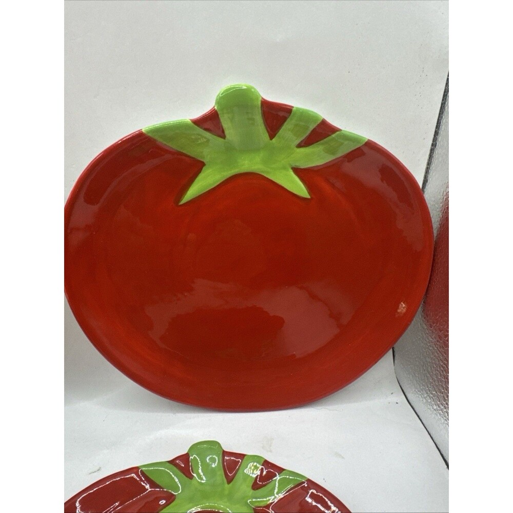 New 4 Red Tomato Shaped Tidbit Plates Ceramic Garden Veg Food Whimsy - Picture 4 of 7